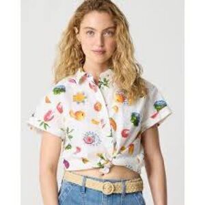 J. Crew White Linen Fancy Picnic Print Button Down Shirt